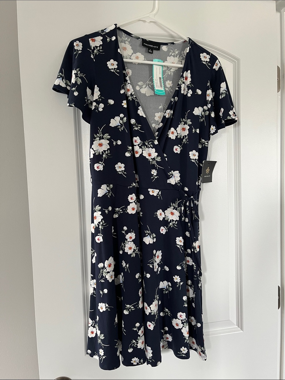 Women's Navy Floral Wrap Dress with V-Neck